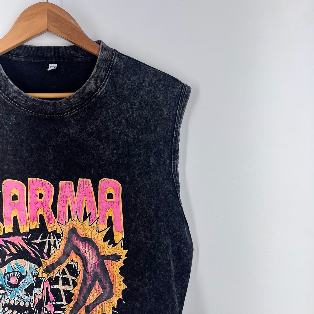 Karma Nobody Can Run Graphic Muscle Tee Acid Wash Black Raw Hem Large - Picture 5 of 13